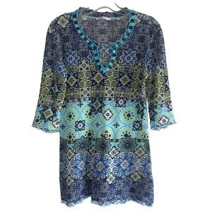 Cassani Y2K Sheer Top Size S Kaleidoscope Print Stretch Italian Fashion Colorful